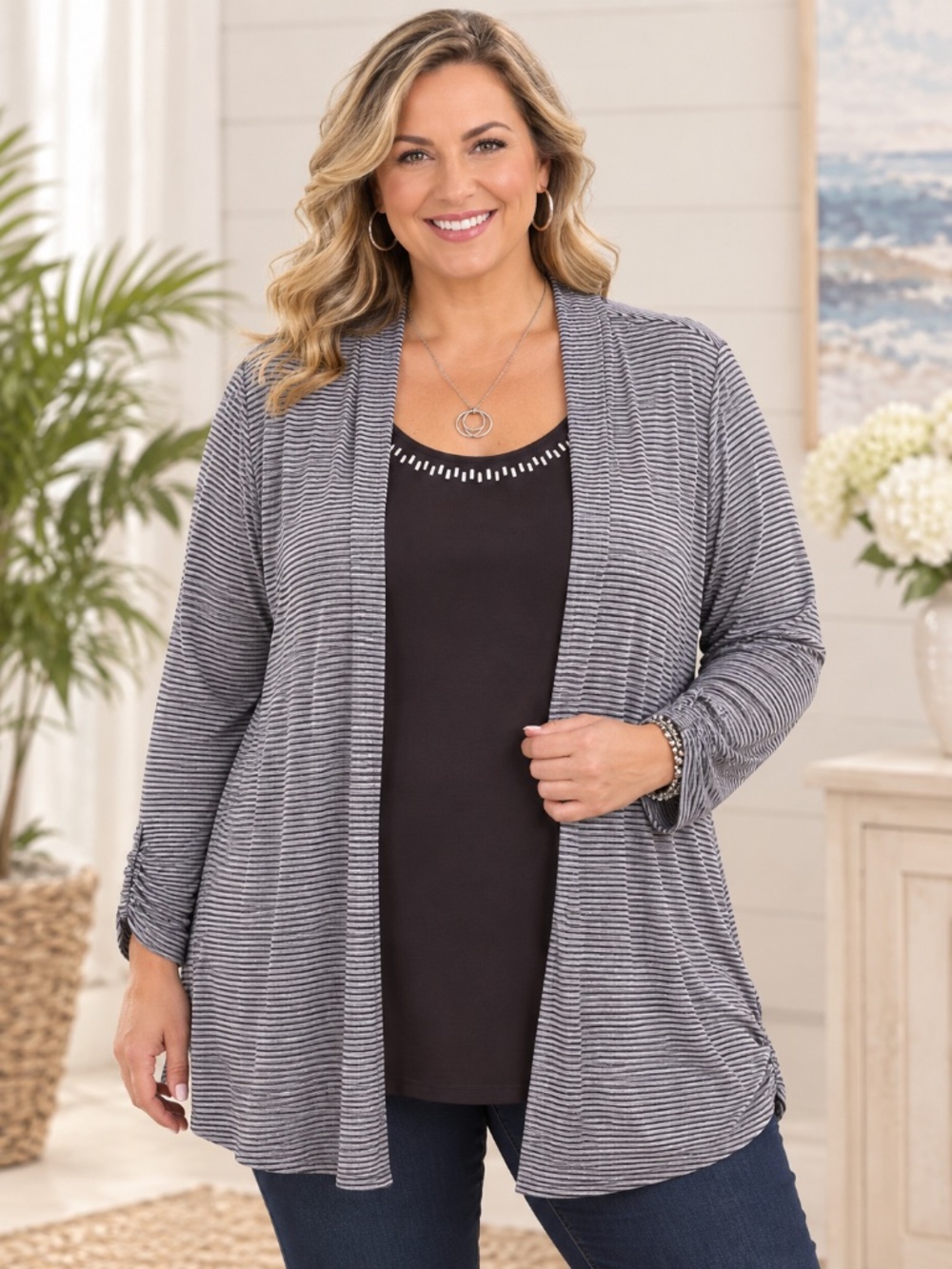 WHITE STAG Plus Open Cardigan Layered Attached Tank Embellished Tunic Top XXL 20